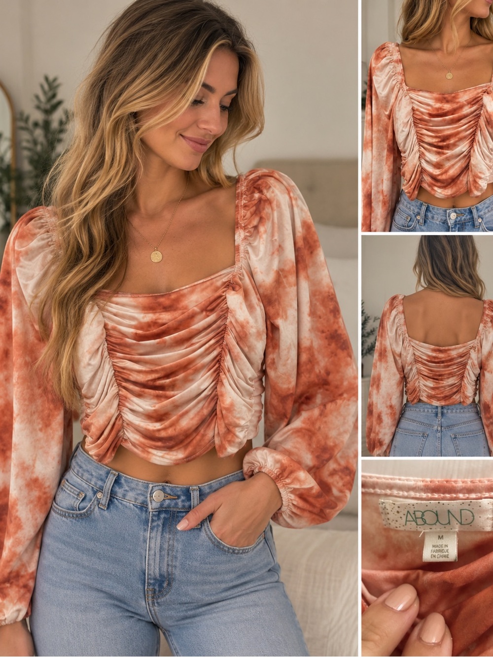 ABOUND Coral Tie-Dye Ruched Long-Sleeve Crop Top